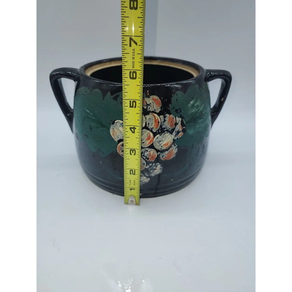 Vintage Hand Painted Ceramic Bean Pot Cookie Jar Black with Grapes and Lid